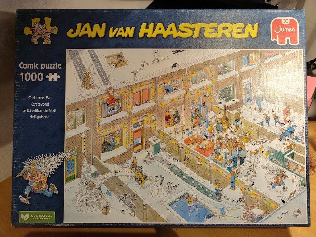 Jan van Haasteren puzzel 1000 stukjes - Kerstavond, Ophalen of Verzenden, 500 t/m 1500 stukjes, Gebruikt, Legpuzzel
