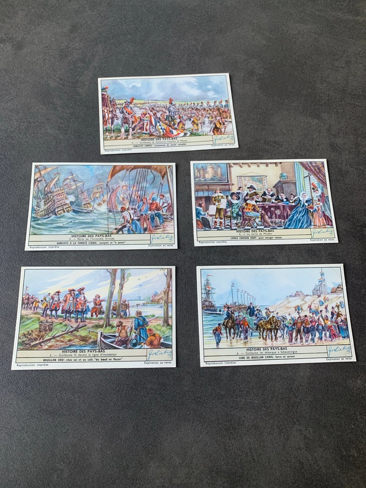 Liebig Plaatjes 'Histoire des Pays-Bas' (5 stuks ), Verzenden, Gebruikt, Meerdere plaatjes