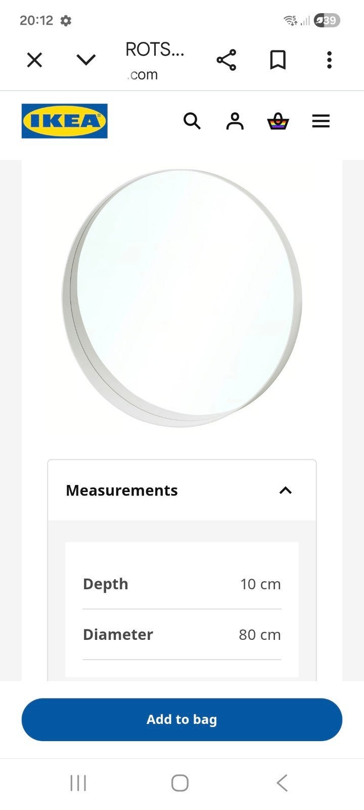 IKEA spiegel, rond, wit, 80 cm, Ophalen, Rond, Zo goed als nieuw, 75 tot 100 cm