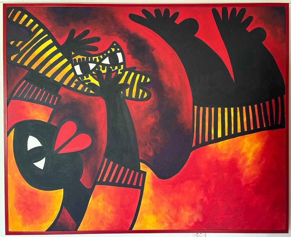 Bijzonder groot schilderij, vrouw met poes, warme tinten, Antiek en Kunst, Ophalen, Glas, Ingelijst, Figuren