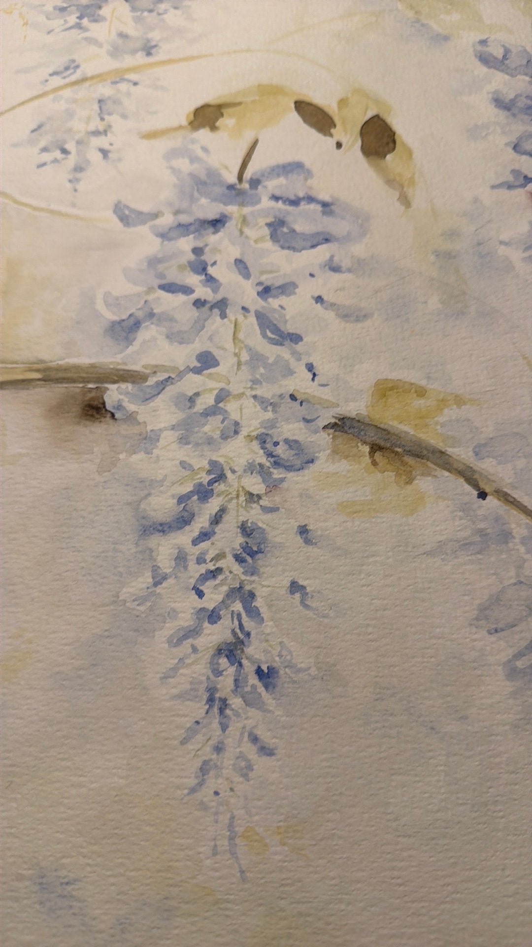Originele aquarel – Blauwe regen – gesigneerd Agnes Joosten, Bloemen, Realistisch, Ophalen of Verzenden, Aquarel