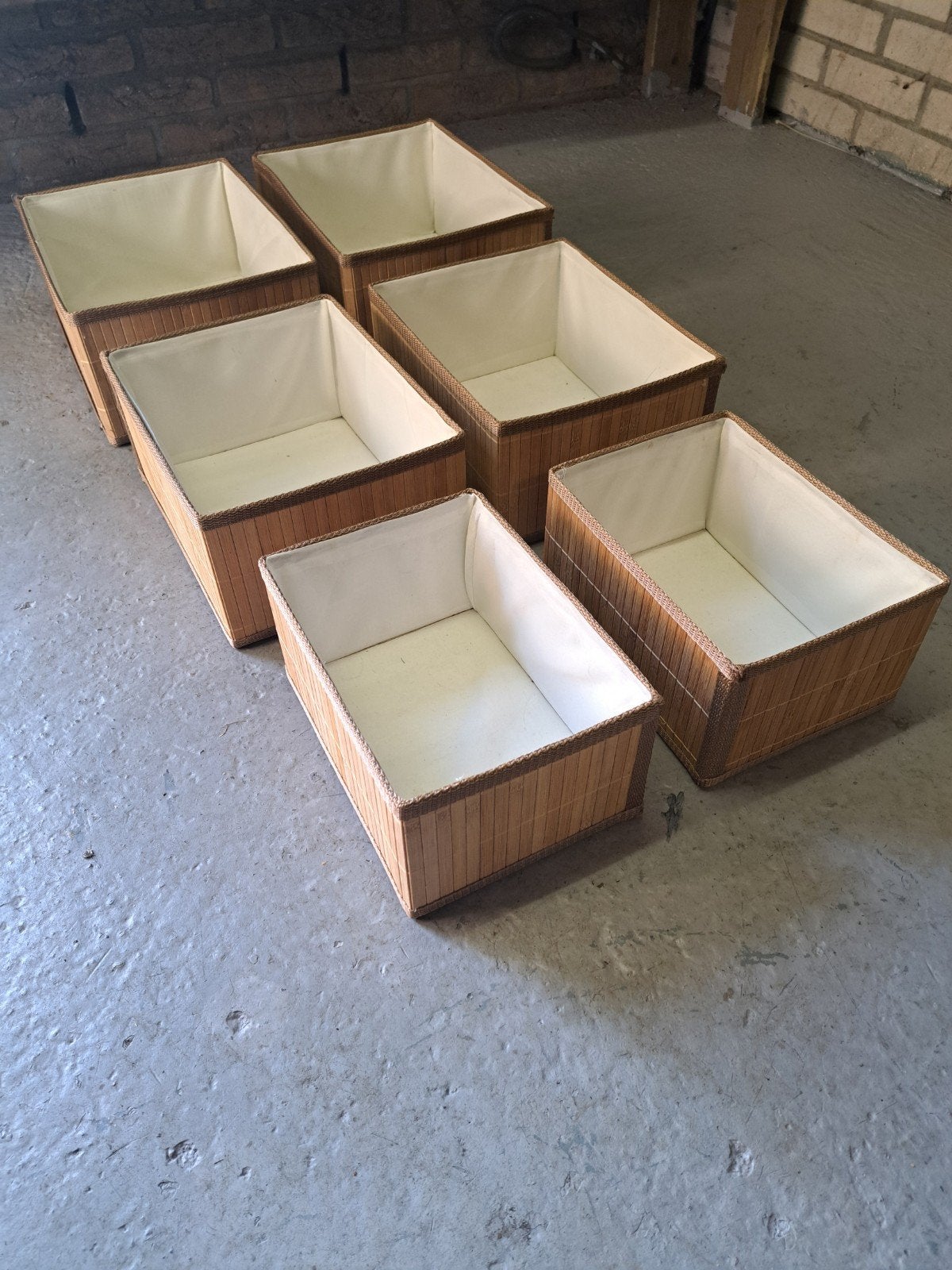 Set van 6 bamboe opbergmandjes met stoffen binnenkant, Gebruikt, Mand, Ophalen of Verzenden, Riet