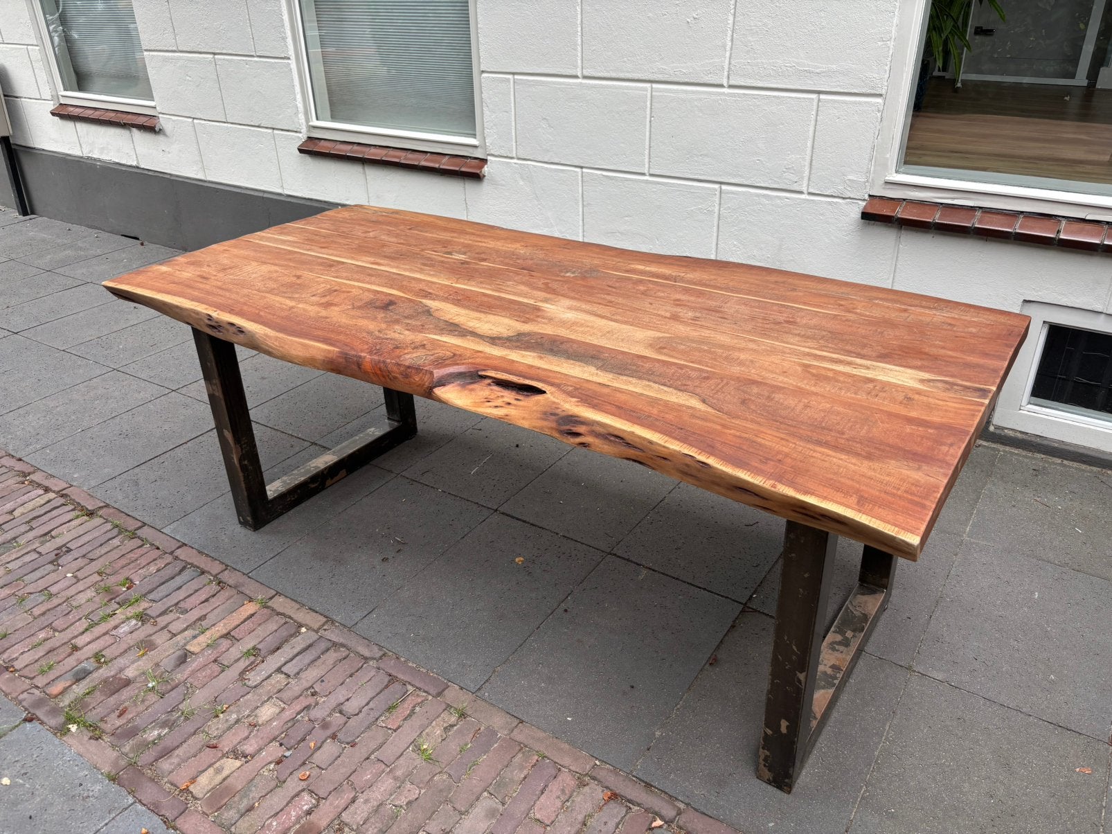 Stoere robuuste industriële boomstam eettafel 95x200 cm, Ophalen, Teakhout, Stoer teak, 50 tot 100 cm