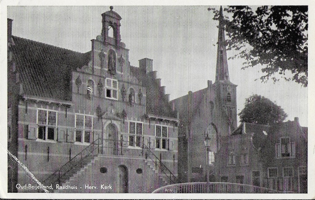 Oud beijerland raadhuis ansichtkaart uit 1960 ( 1786 ), Ophalen of Verzenden, 1940 tot 1960, Gelopen, Zuid-Holland