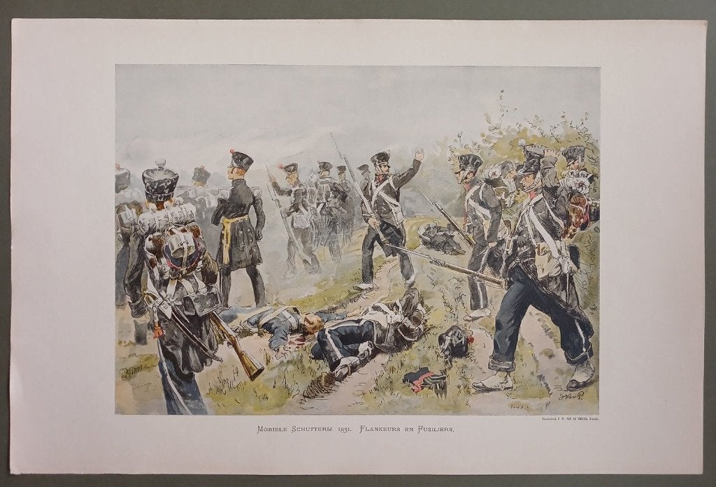 Mobiele Schutterij 1831 Flankeurs en Fusiliers antieke prent, Verzenden, Overige typen, X, Nederland