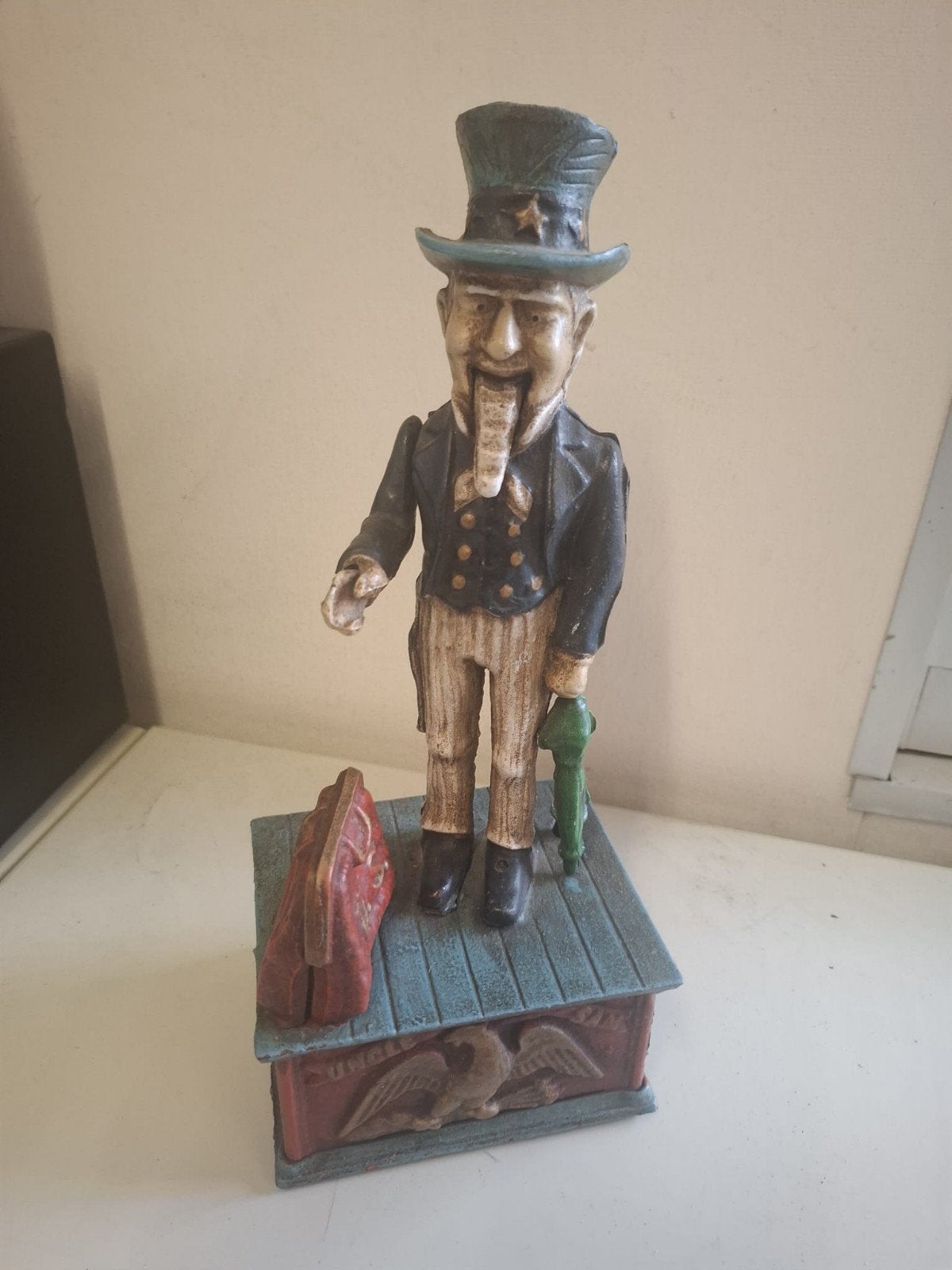Vintage spaarpot Uncle Sam - gietijzer, Verzenden, Gebruikt, Metaal of Blik, Strip- of Tekenfilmfiguur