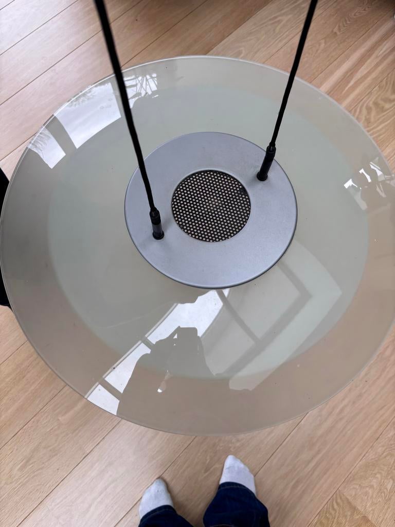 Witte hanglamp met metalen details, Ophalen of Verzenden, Gebruikt, Metaal, Minder dan 50 cm