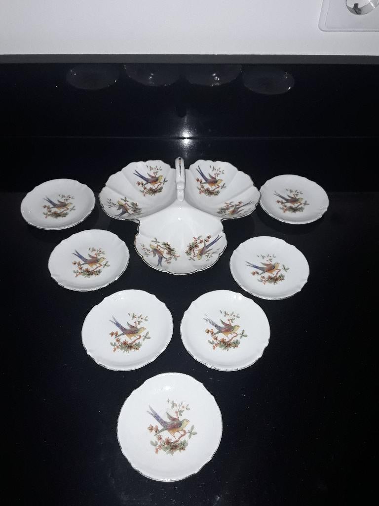 Antiek petit four stel met vogeltjes, Verzenden, Zo goed als nieuw, Porselein, Overige typen