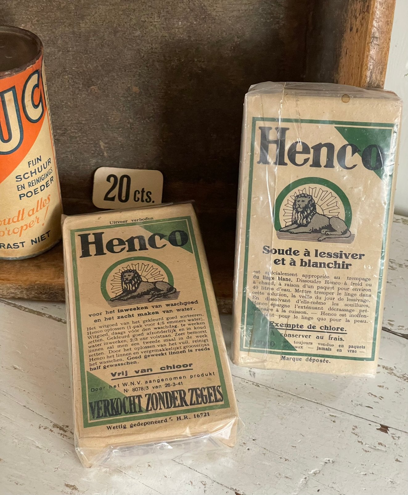 Brocante oude volle verpakkingen HENCO waspoeder, Ophalen of Verzenden