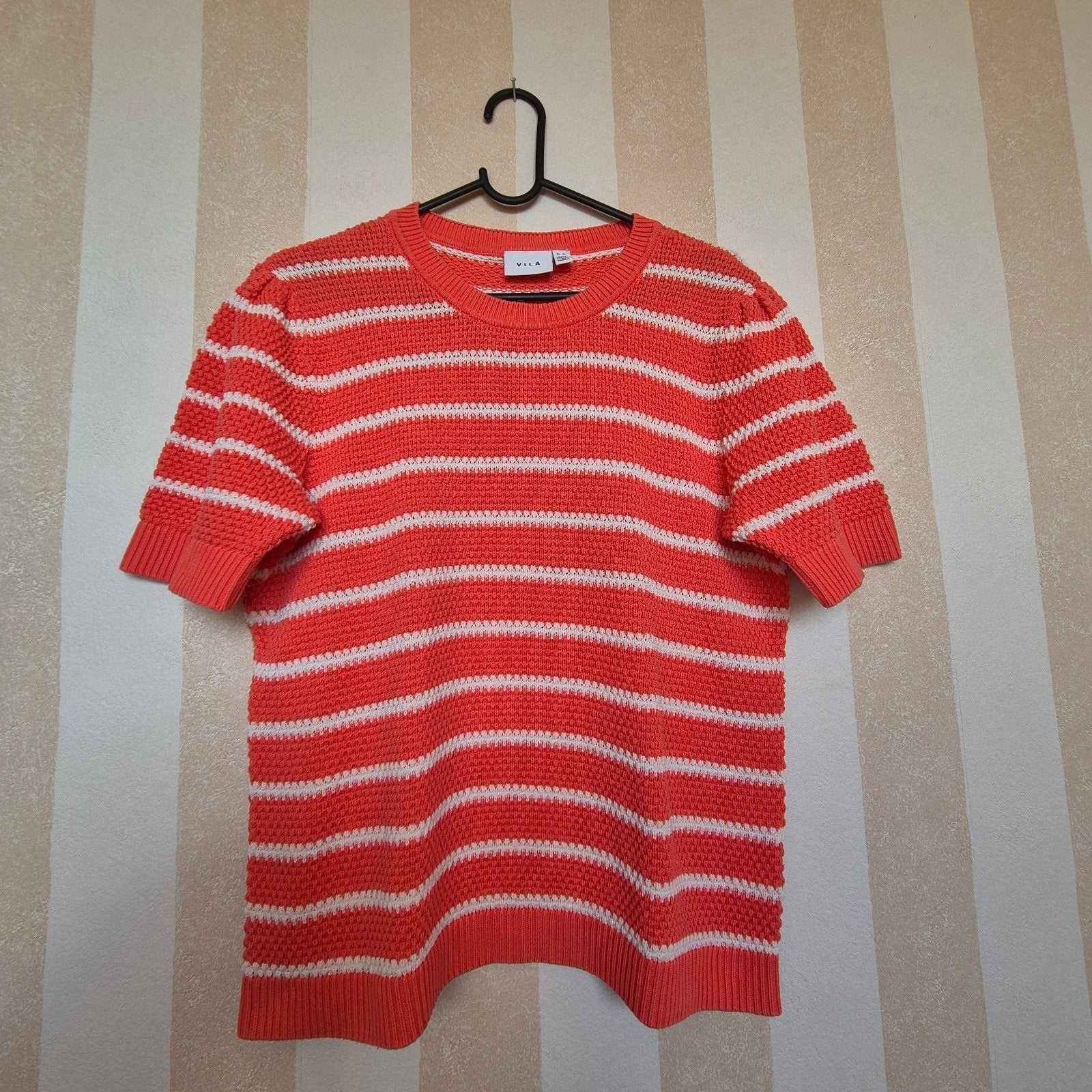 VILA gestreepte trui met korte mouwen - Oranje/Wit, VILA, Maat 46/48 (XL) of groter, Oranje, Ophalen of Verzenden