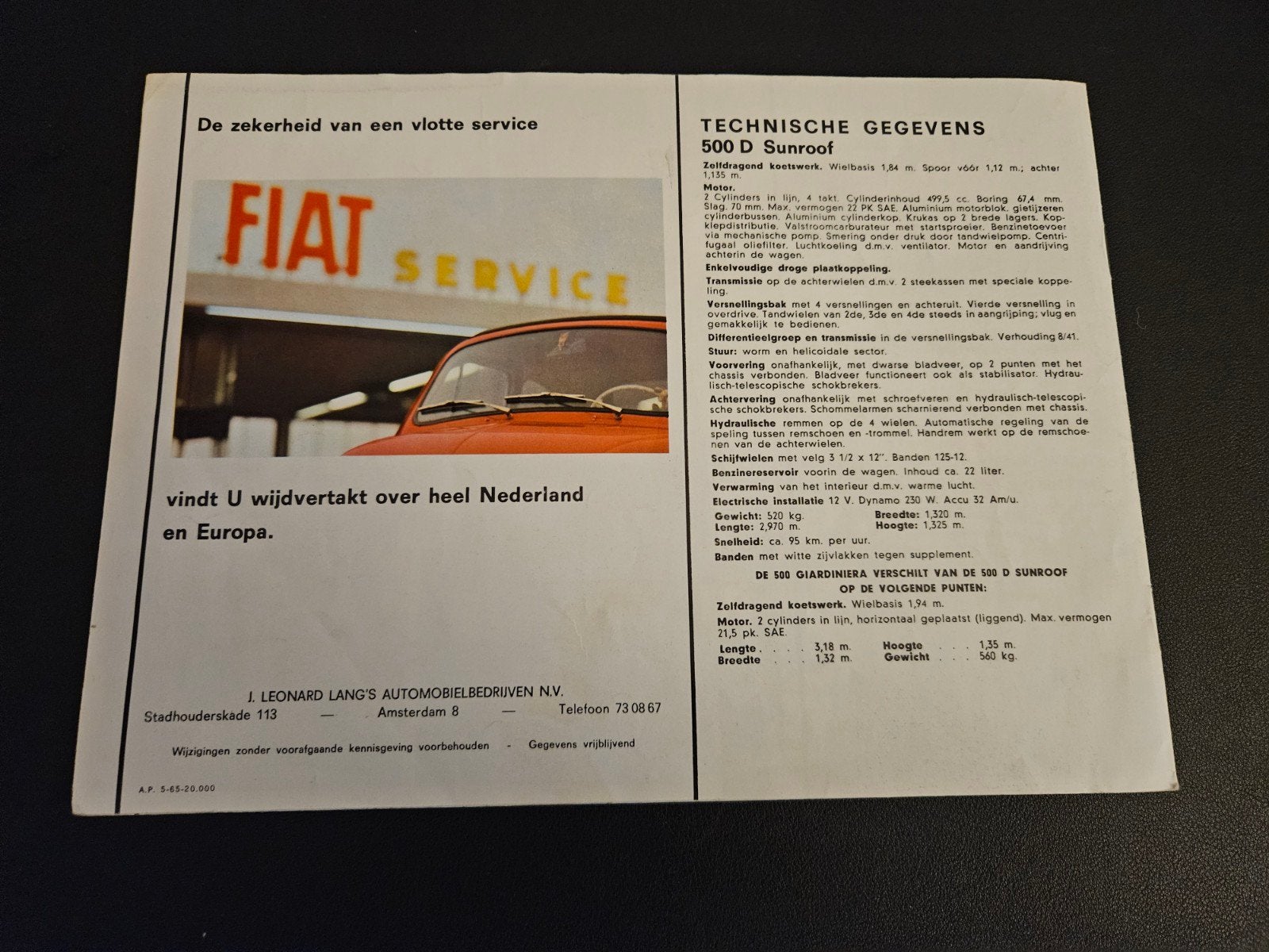 Brochure Fiat 500 1965, Ophalen of Verzenden, Zo goed als nieuw, Overige merken