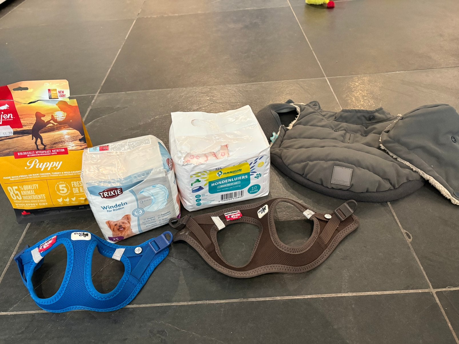 Puppypakket-Curli tuigjes, FuzzYard jasje etc. t.w.v. €100, Dieren en Toebehoren, Ophalen of Verzenden, Zo goed als nieuw