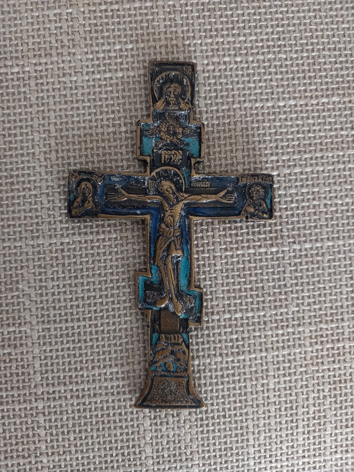 Antiek Russisch Orthodox Kruisbeeld - Brons met Email, Ophalen of Verzenden