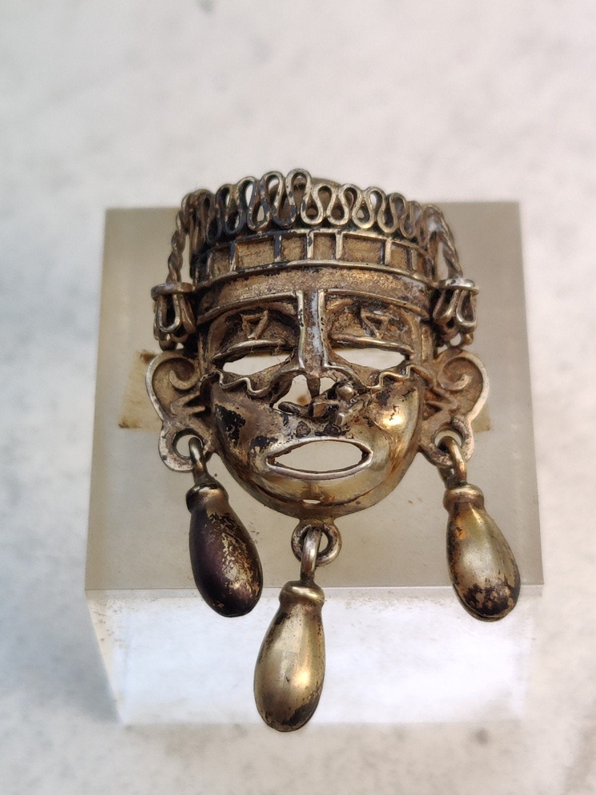 Verguld zilveren masker hanger broche Mexico, Antiek en Kunst, Ophalen of Verzenden, Zilver