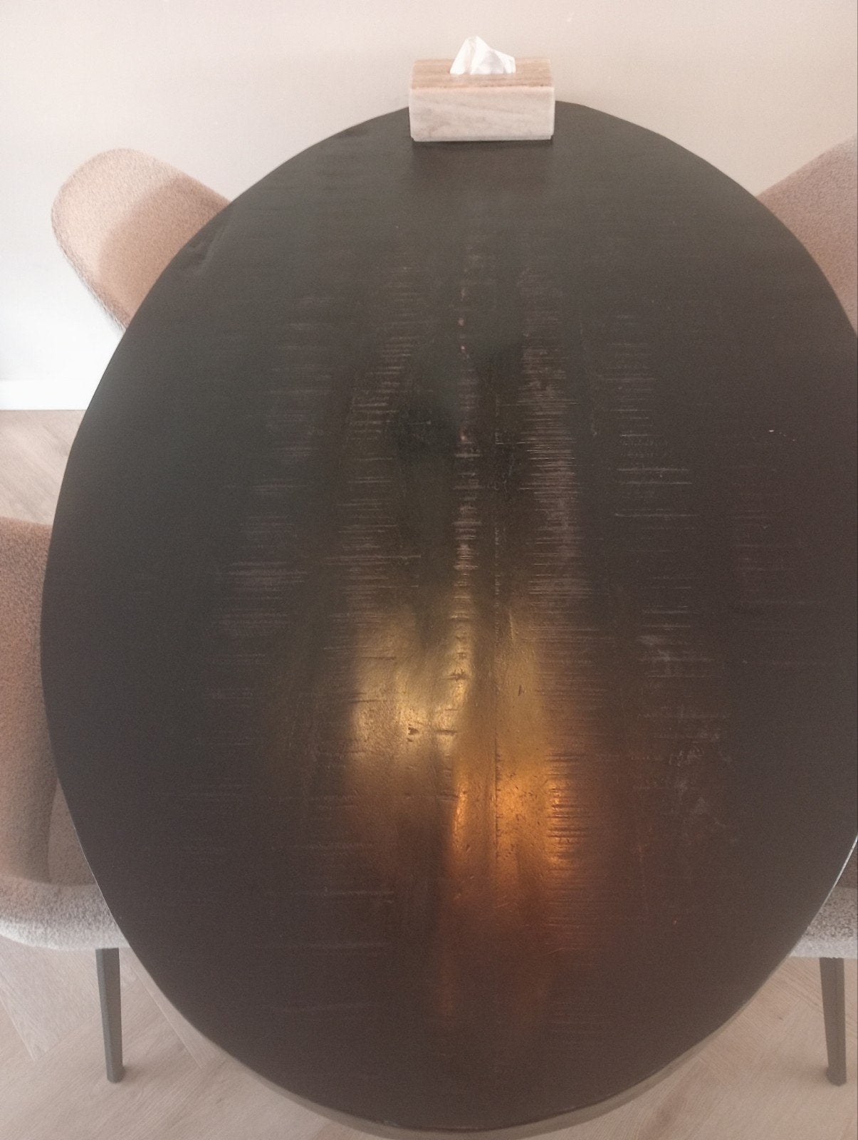 Ronde zwarte eettafel met metalen onderstel, Overige houtsoorten, Gebruikt, 100 tot 150 cm, 150 tot 200 cm