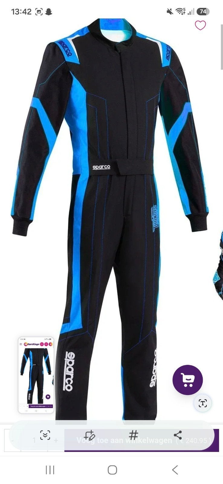 Sparco thunder advanced overall zwart/blauw, Sport en Fitness, Karting, Ophalen, Nieuw, Kleding of Schoenen