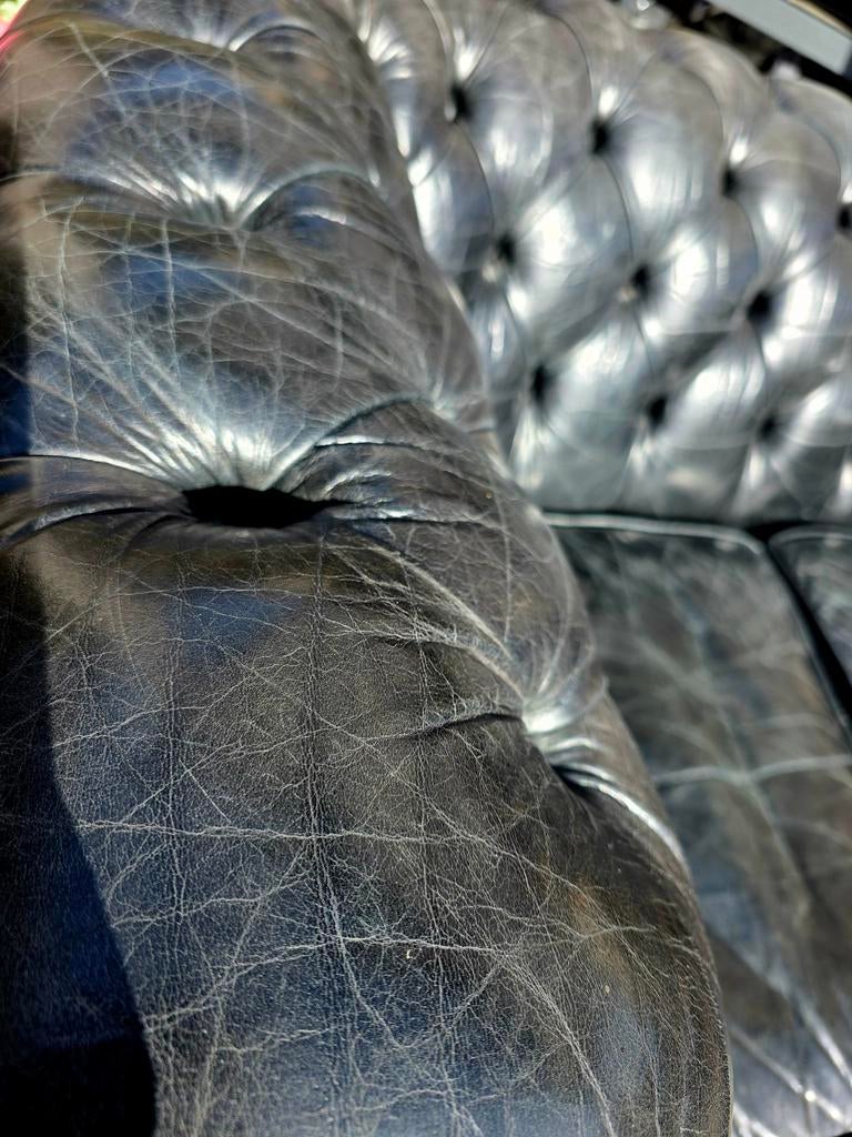 Chesterfield bank vintage zwart leer + BEZORGING, Gebruikt, Onbekend, Driepersoons, Ophalen of Verzenden