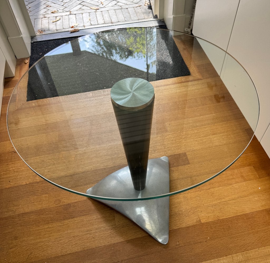 Vintage glazen salon tafel, Ophalen, 100 tot 150 cm, Rond, 50 tot 100 cm
