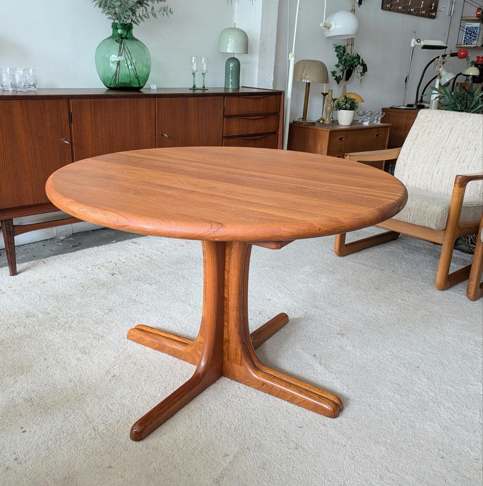 Vintage teakhouten Deense uitschuifbare eettafel, Ophalen, 100 tot 150 cm, ., 200 cm of meer