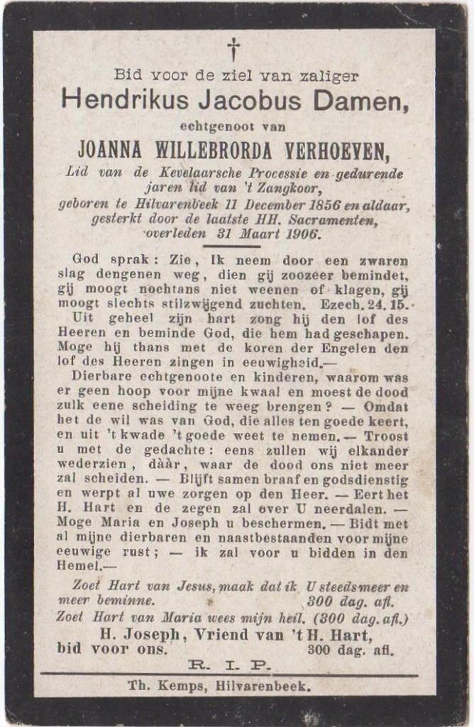 Hendrikus Jac. Damen 1856 - 1906 Hilvarenbeek, 49 jaar oud, Verzamelen, Bidprentjes en Rouwkaarten, Verzenden