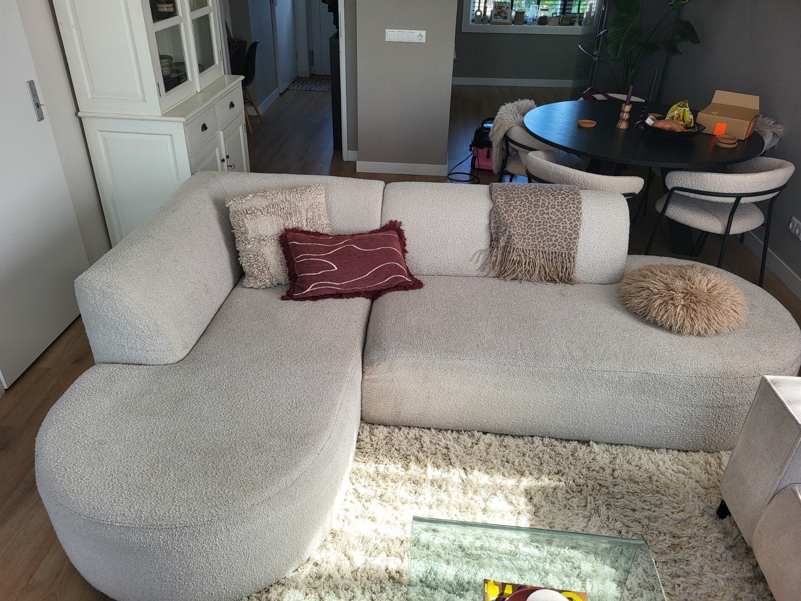 Moderne Hoekbank met Longchair - Crème Bouclé Stof, 250 tot 300 cm, 125 tot 150 cm, Modern, Bouclé, Hoekbank