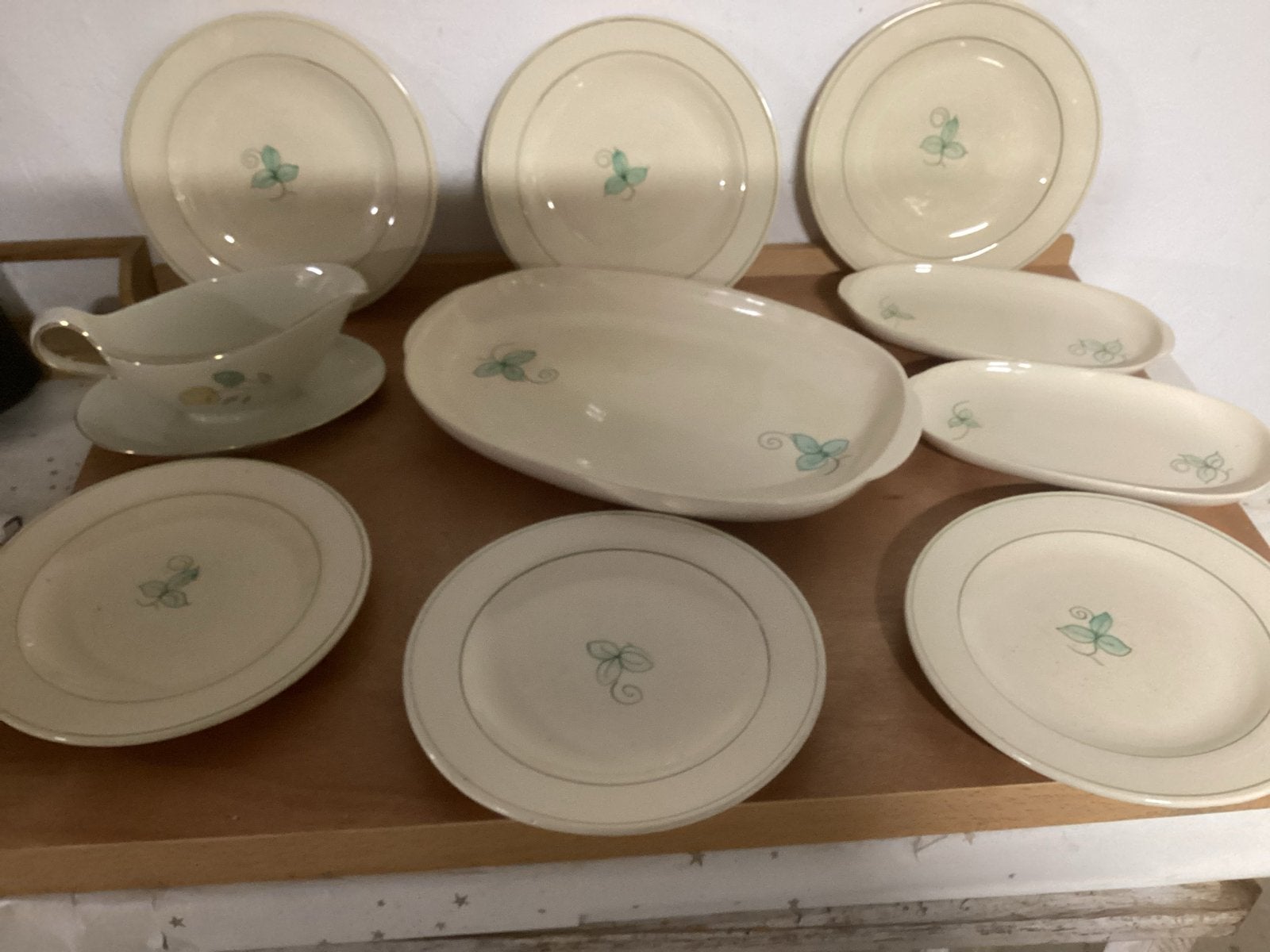 Vintage servies set met groen bladmotief, Ophalen of Verzenden