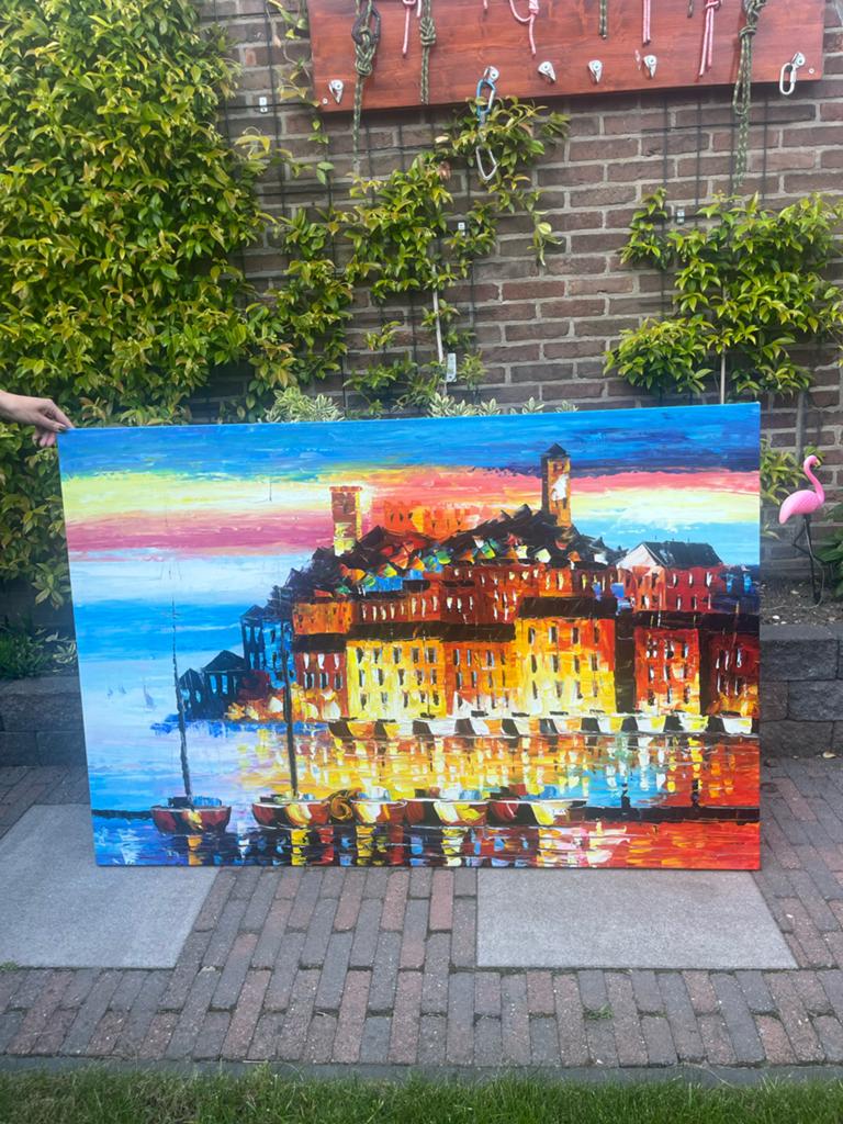 Groot kleurrijk schilderij van een stad aan het water, Antiek en Kunst, Kunst | Schilderijen | Modern, Ophalen