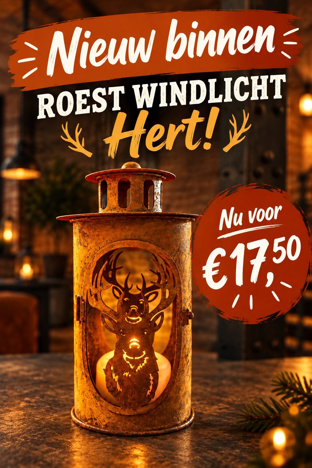 Roestmetaal Lantaarn met Hert - Sfeervolle Decoratie, Overige merken, Nieuw, Ophalen of Verzenden, Metaal
