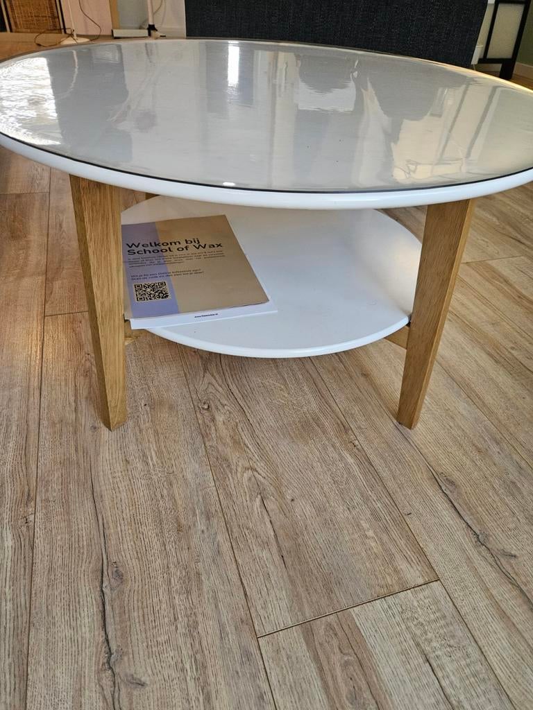 Ronde salontafel wit met eiken, 70 cm, Ophalen