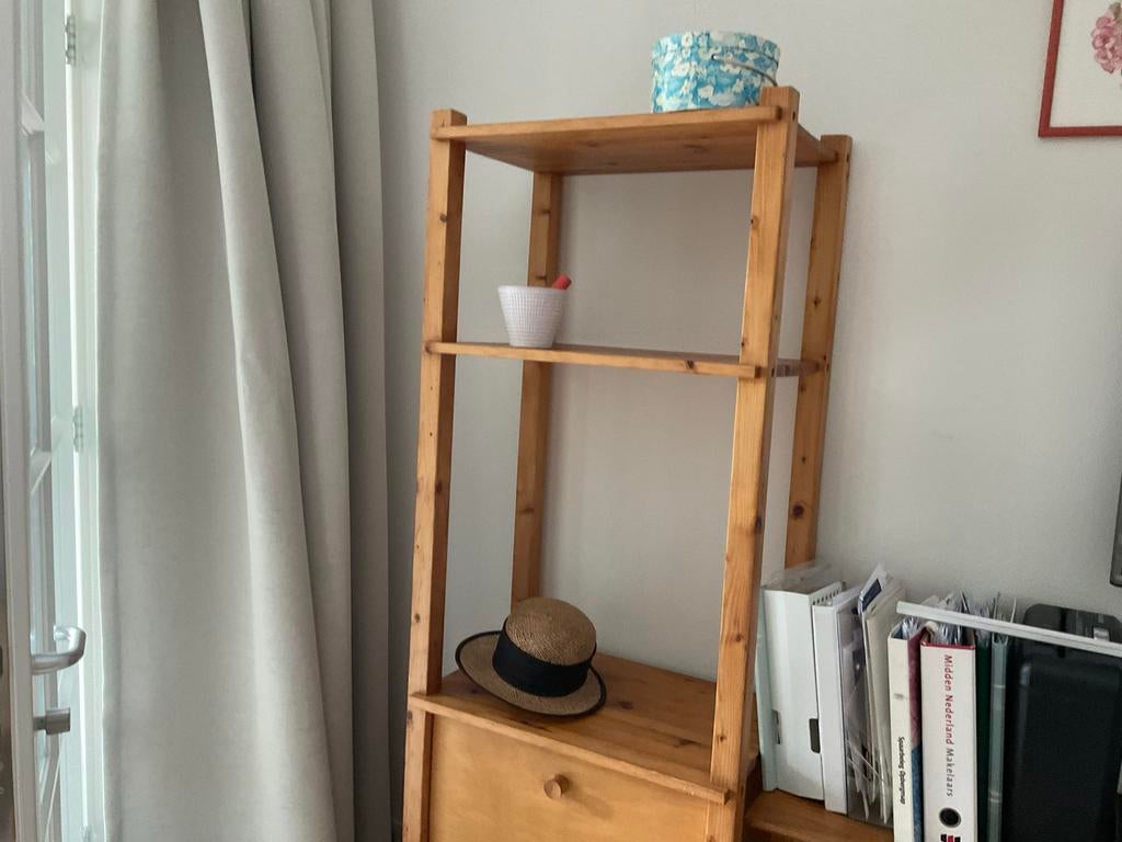 Blank Houten side tabel+ lade samen met houten stelling kast, Ophalen of Verzenden, Gebruikt
