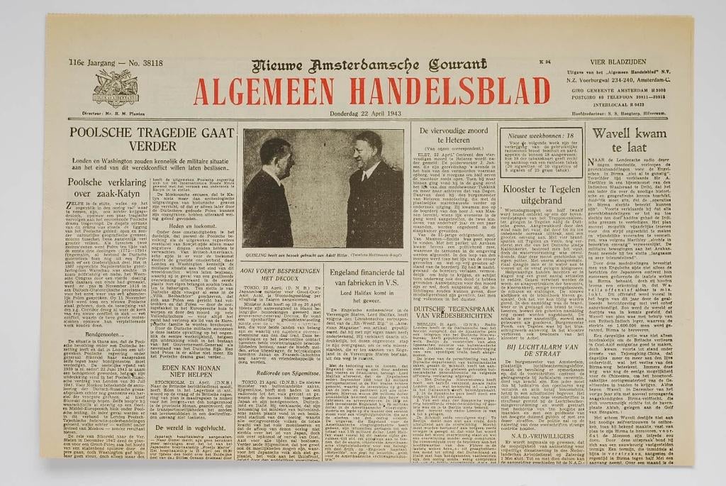 22 april 1943 - Algemeen Handelsblad | Heruitgave 1994, Verzamelen, Zo goed als nieuw, Verzenden, Amsterdam, Overige soorten