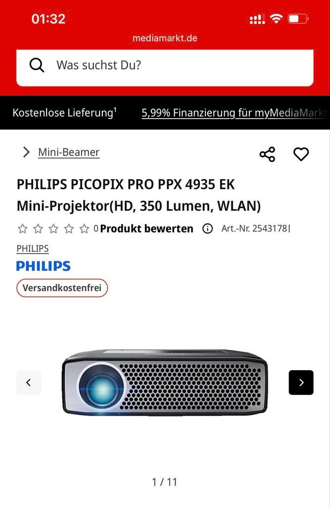 Philips PicoPix PPX4935 Mini Beamer Projector HD, Ophalen of Verzenden, Gebruikt, LED, HD (720)