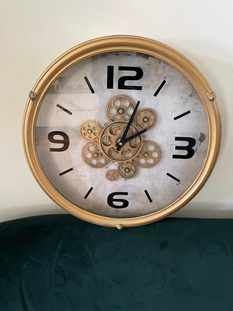 Grote Gouden Wandklok met draaiende tandwielen, Ophalen, Zo goed als nieuw, Wandklok