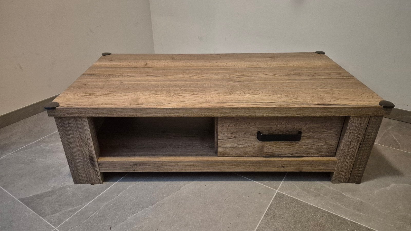 Landelijk houtlook salontafel met lade, Huis en Inrichting, Tafels | Salontafels, Ophalen, Overige materialen, 50 tot 100 cm, 100 tot 150 cm