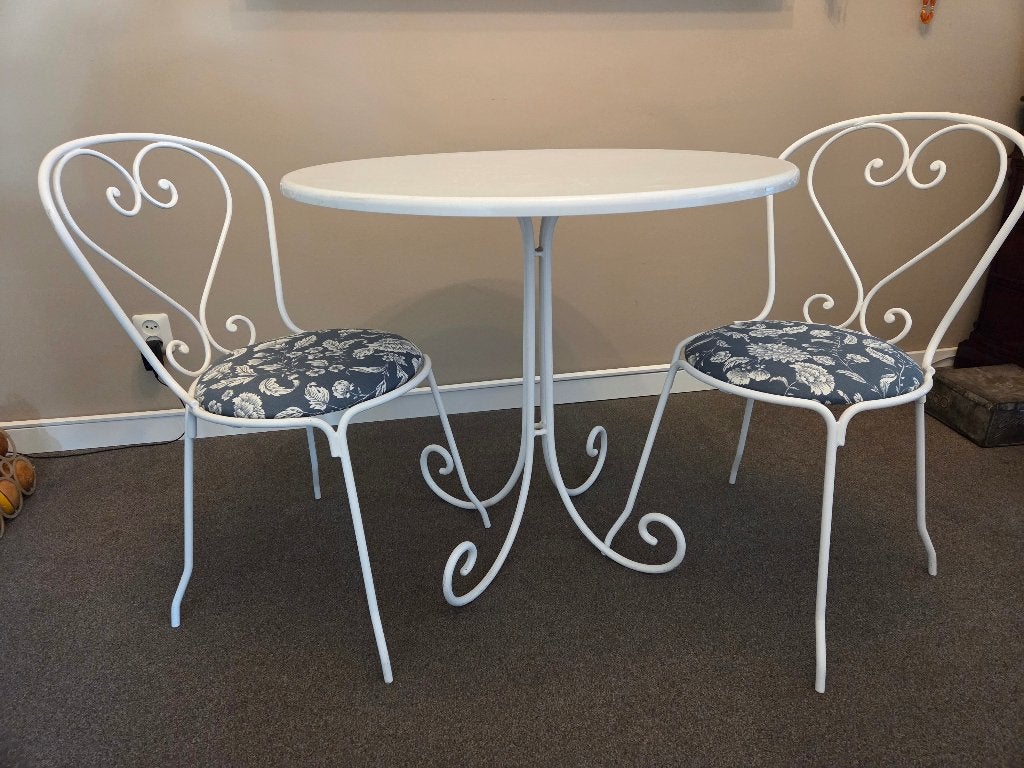 Vintage 3-delige gietijzeren Franse tuinset wit, Overige materialen, Gebruikt, Tuinset, Eettafel
