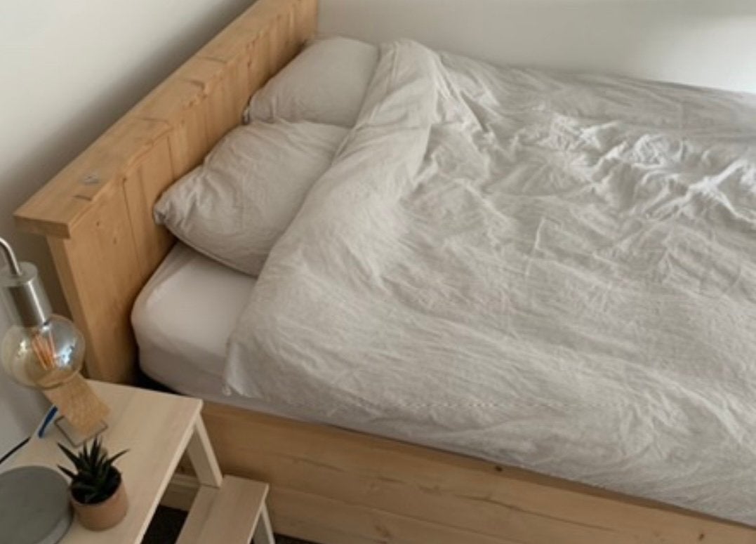 Steigerhouten bed, Ophalen, Tweepersoons, Zo goed als nieuw, 200 cm