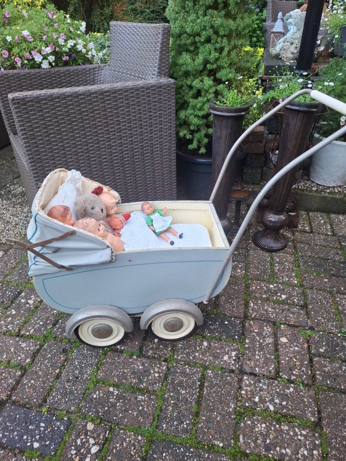 Vintage poppenwagen met Steiff beer en brocante poppen, Ophalen, Gebruikt, Overige typen