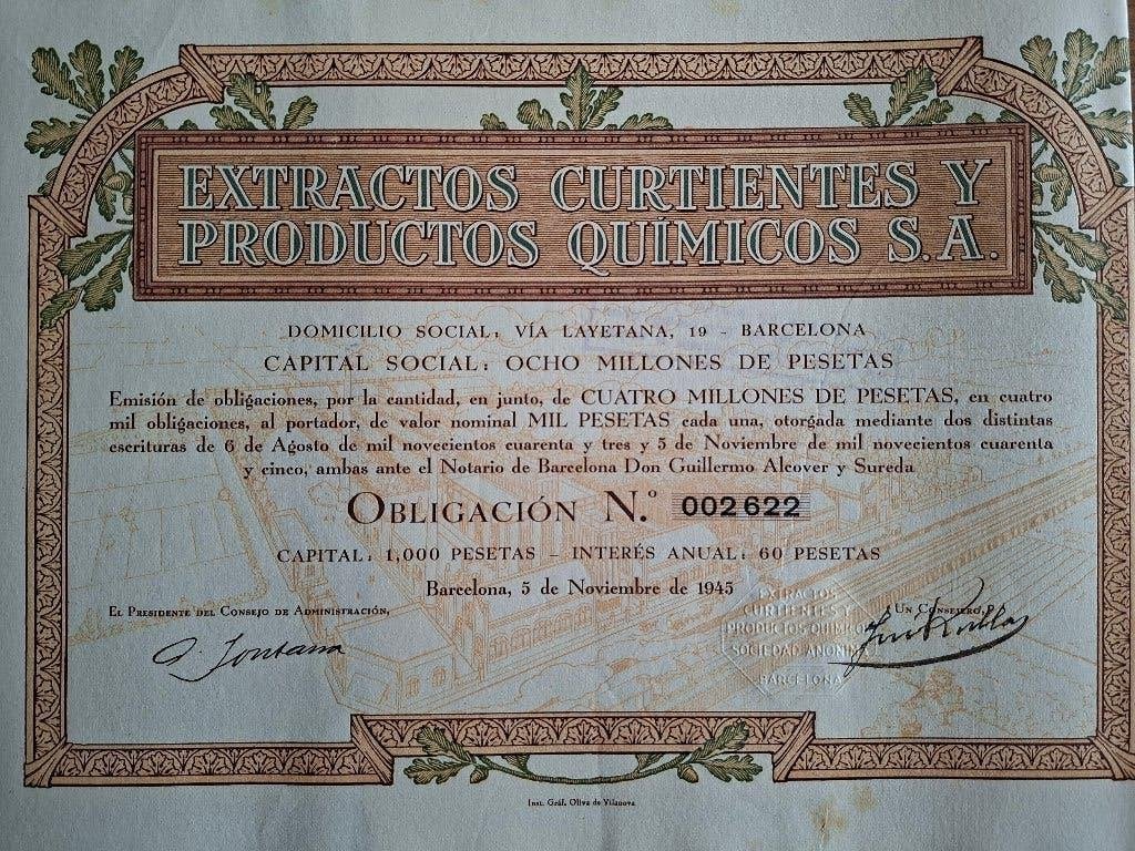 Extractos Curtientes y Productos Quimicos, Barcelona 1945, Ophalen of Verzenden, Aandeel