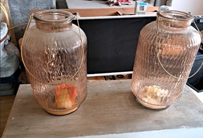 Roze Glazen Windlichten / Lantaarns – Set van 2, Ophalen, Gebruikt, Overige materialen, Kandelaar