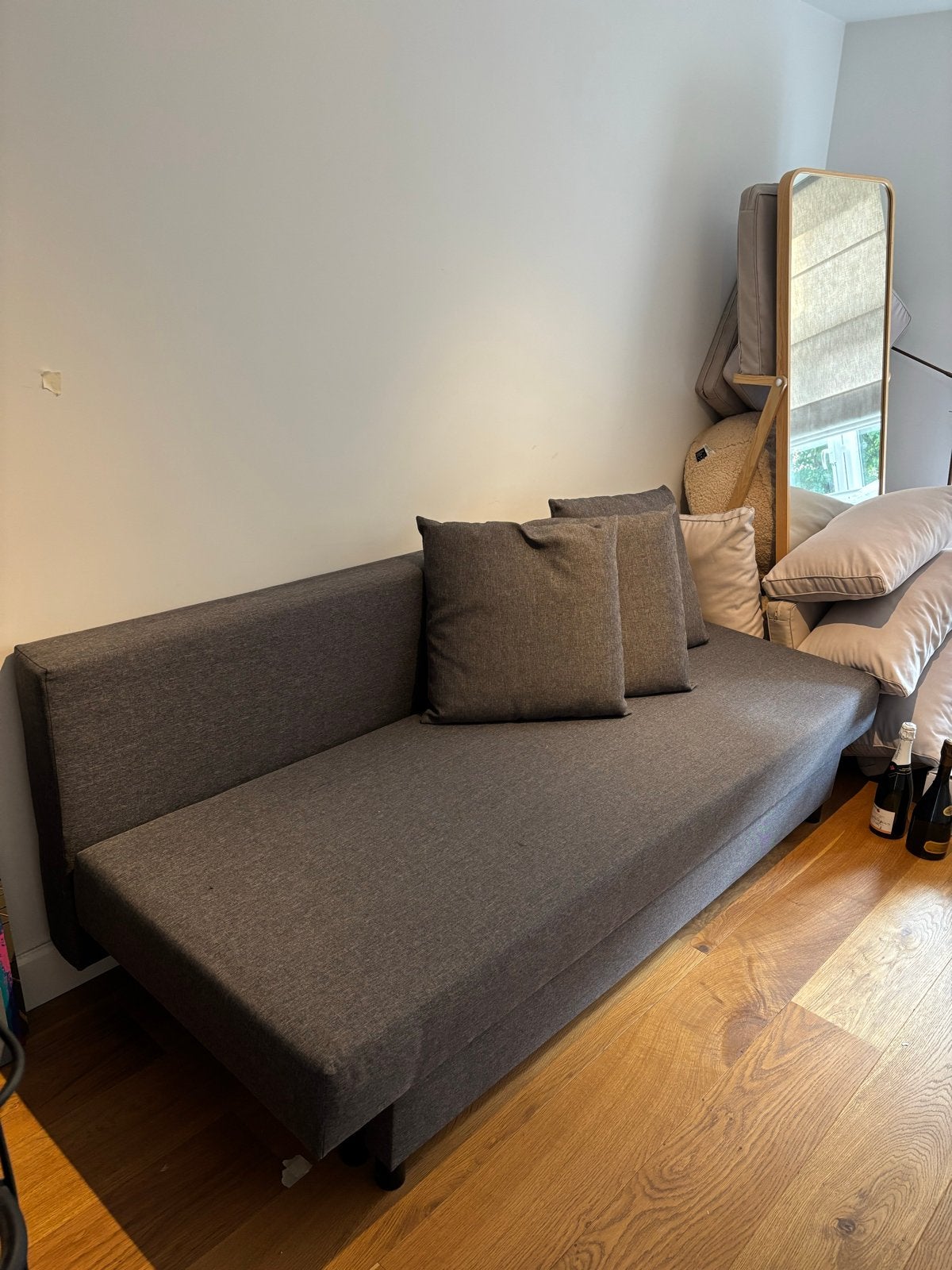 IKEA Slaapbank met opbergruimte en 3 kussens, Ophalen, Gebruikt, 190 cm of minder, Grijs