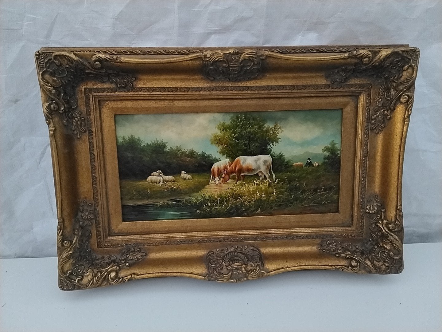Klassiek schilderij met koeien en schapen, 60x40 cm, Doek, Dieren, Ophalen of Verzenden, Olieverf