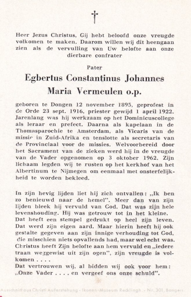 Vermeulen Egbertus 1895 Dongen 1962 begr Nijmegen priester, Verzamelen, Bidprentjes en Rouwkaarten, Ophalen of Verzenden, Bidprentje