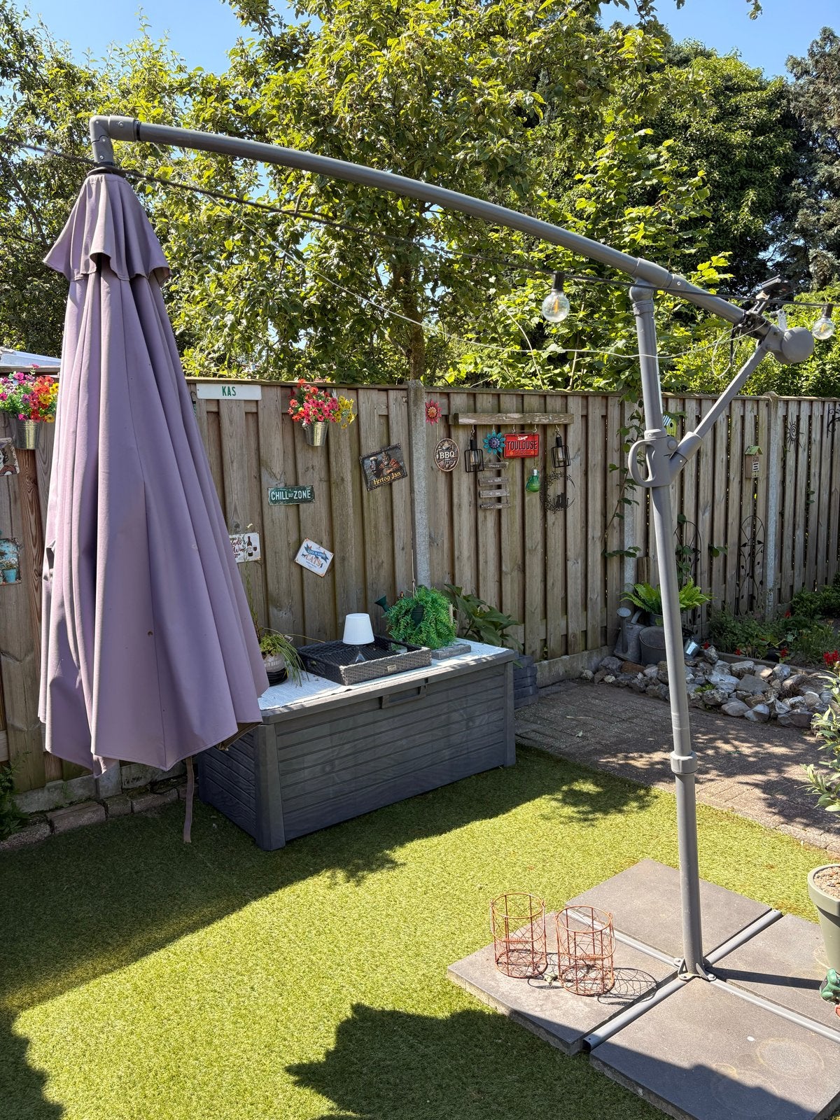 Zweefparasol 285cm met zonne-energie lampjes, Tuin en Terras, Parasols, Ophalen, Gebruikt, 2 tot 3 meter, Zweefparasol