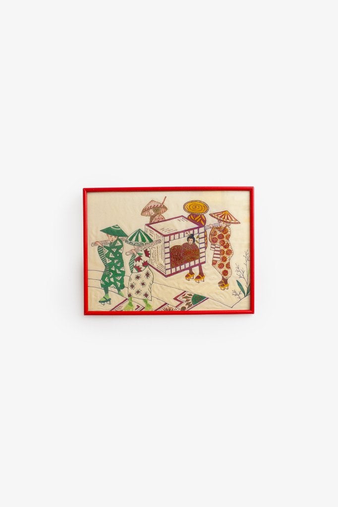 Japans vintage schilderij op stof in rode lijst, Ophalen, Minder dan 50 cm, Gebruikt, 5 – 50