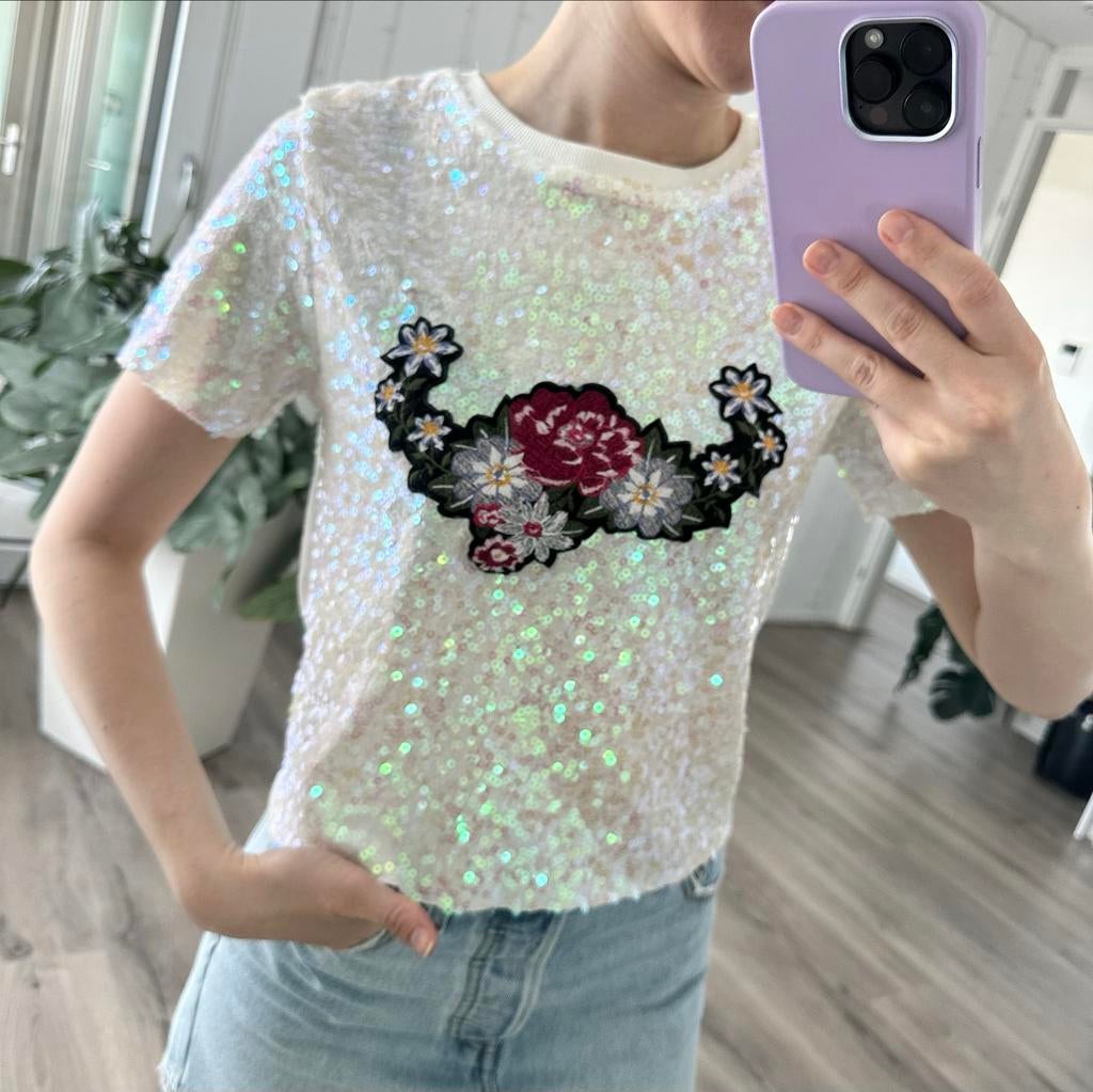 Zara top met pailletten en bloemenprint (XS/S), Verzenden, Wit, Korte mouw, Maat 34 (XS) of kleiner