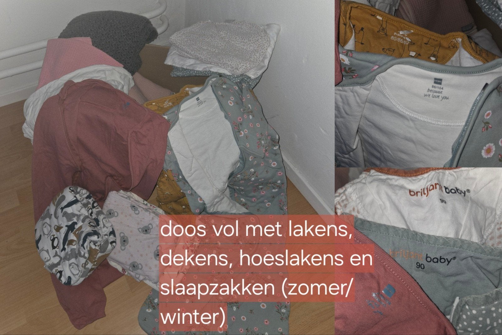 Box vol met lakens, dekens, hoeslakens en slaapzakken, Ophalen, Set van meerdere stuks, Gebruikt, Overige merken