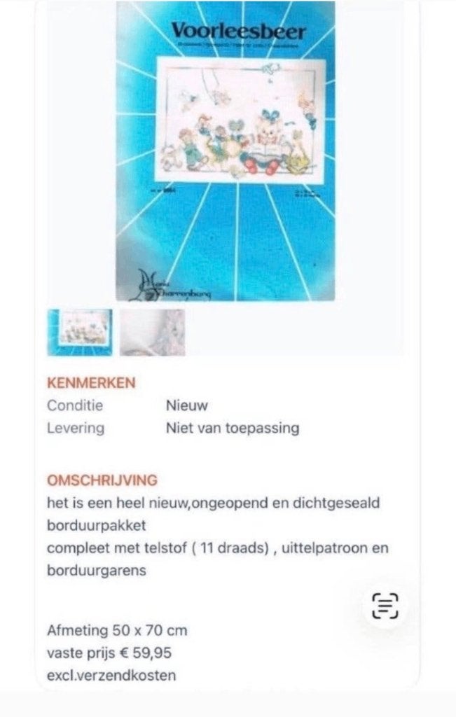 BORDUURPAKKET VINTAGE M. VAN SCHARRENBURG VOORLEESBEER, Verzenden, Nieuw, Handborduren, Borduurpakket