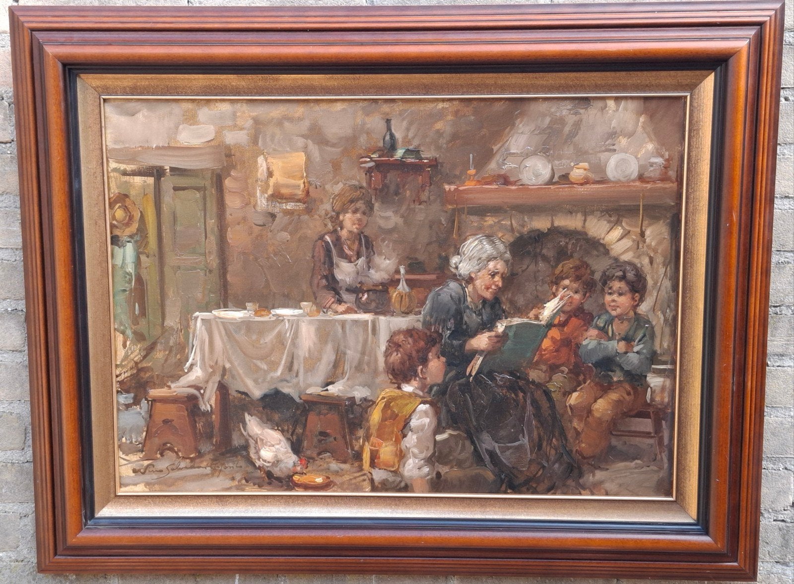 NINO SALVADORI, Oude vrouw die kinderen voorleest.  90/70 cm, Ophalen, Doek, Portret of Personen, Olieverf