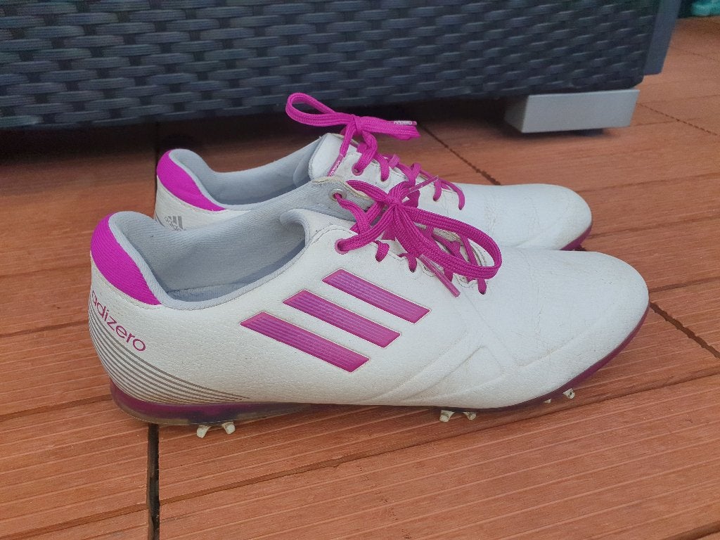 Adidas golfschoenen mt.42 (uk8) met spikes in wit-paars leer, Ophalen of Verzenden, Gebruikt, Schoenen, Overige merken