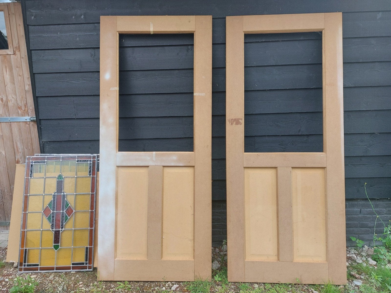 Weekamp binnendeur massief meranti met glas in lood, 80 tot 100 cm, Binnendeur, Nieuw, Ophalen of Verzenden